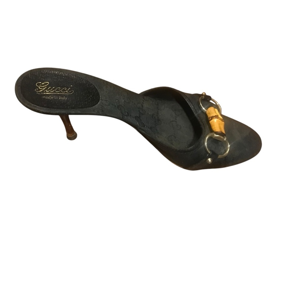 Authentic Gucci Women's Blk Leather & Bamboo Straw Bit Open Toe Sandal Heel 8.5 - Picture 4 of 5